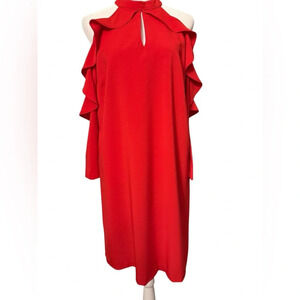 Red dress by Ice cutout in front with open shoulders & ruffle on sleeves Size 6